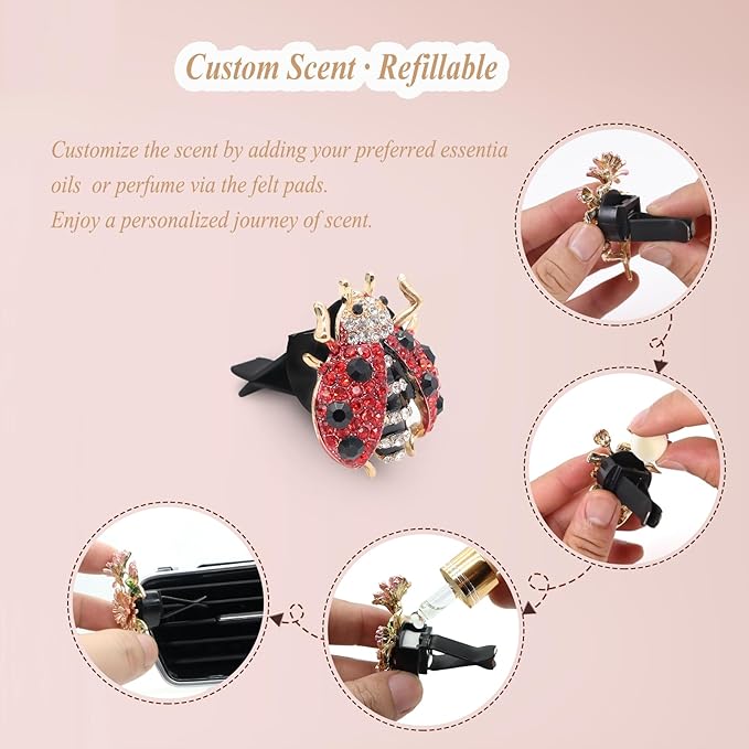 Ladybug Car Accessories,2pcs Red Bling Lady bug Air Vent Clips Car Air Freshener,Cute Dashboard Decorations Gift for Women,Girly Refillable Diffuser with Felt Pads