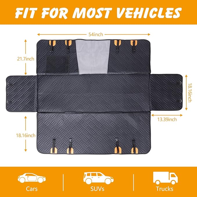 Dog Car Seat Cover for Back Seat, 600D Waterproof Pet Hammock with Mesh Window and Side Flaps, Anti-Slip Dog Seat Protector for Cars, SUVs, Trucks, Scratchproof Easy-Clean