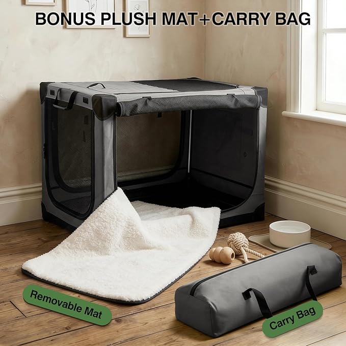 24" L x 17" W x 17" H Collapsible Travel Dog Crate, Portable Soft Dog Kennel for Small Medium Pets up to 30 lbs, 4-Door Foldable Travel Crate with Durable Mesh & Storage Bag, Grey