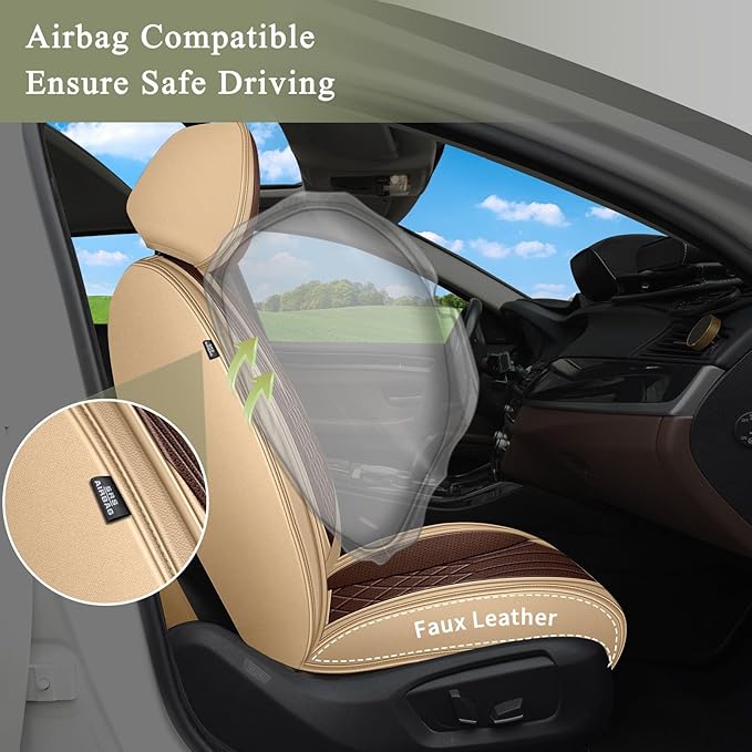 Breathable Car Seat Covers for Nissan Kicks 2018-2025 2026, Front Seats, Perforated Leather, Seat Protector, Interior Trim for Nissan Kicks Accessories (Beige&Brown)