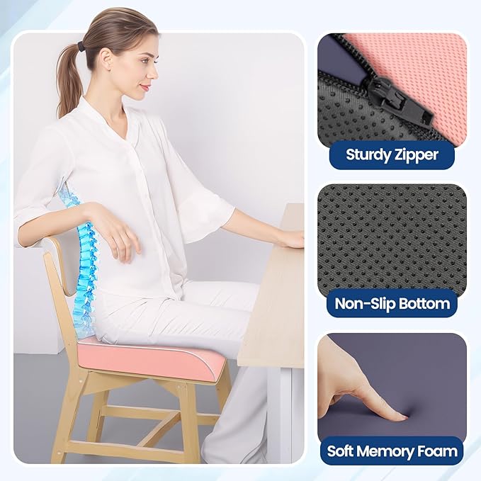 Seat Cushion for Tailbone Pain Relief, Office Chair Cushion, Memory Foam Large Chair Cushion with Non-Slip Cover for Soft Support at Office Chair, Car Seat, Airplane Pink/2X-Large