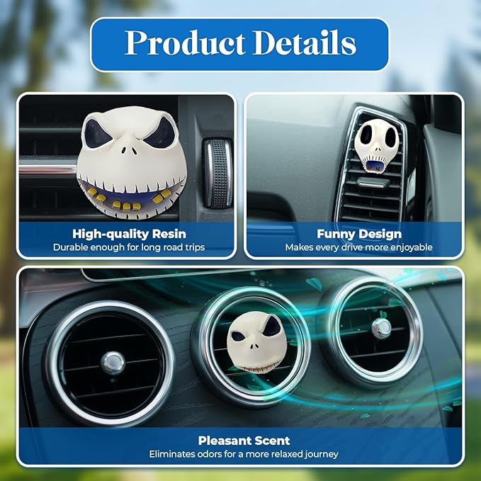 GENANY 3D Resin Horror Nightmare Skellington Car Air Freshener Vent Clips, Spooky Car Freshener, Horror Air Freshener, Gothic Gifts for Women and Men, Funny Spring Gifts For Movie Fans