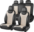 Coverado Front and Back Seat Covers, 5-Pack Universal Seat Covers for Cars, Leather & Fabric Splicing Design Car Seat Protectors, Waterproof Auto Seat Cushions Universal for Vehicles, Black & Beige