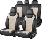 Coverado Front and Back Seat Covers, 5-Pack Universal Seat Covers for Cars, Leather & Fabric Splicing Design Car Seat Protectors, Waterproof Auto Seat Cushions Universal for Vehicles, Black & Beige