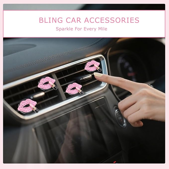 Pink Air Vent Clips Car Air freshener 4pcs Dazzling Lips Lipstick Bling Car Interior Decorations Accessories for Women Teens Girly Refillable Diffusers