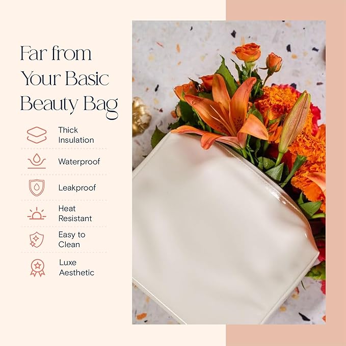 Stay Golden Insulated Waterproof Makeup Bag for Women Heat-Resistant Travel Cosmetic & Toiletry Bag | Luxurious Vegan Leather Portable Makeup Organizer (White with Gold Zipper, Medium)
