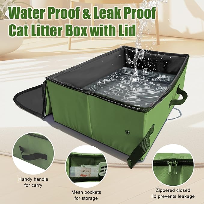 Large Portable Cat Travel Litter Box, 20x14x6.5 Inches with Zipped Lid & 10 Liners, Leak-Proof, Lightweight, Sturdy & Waterproof and Foldable for Hotels, Car, & Camping