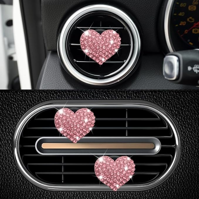 4PCS Heart-Shaped Car Vent Clip with Rhinestone, Vent Clip Car Accessories, Sparkly Rhinestone Bling Diamond Freshener Holder, Air Conditioning Outlet Ornament for Women Girls (Pink, Style1)