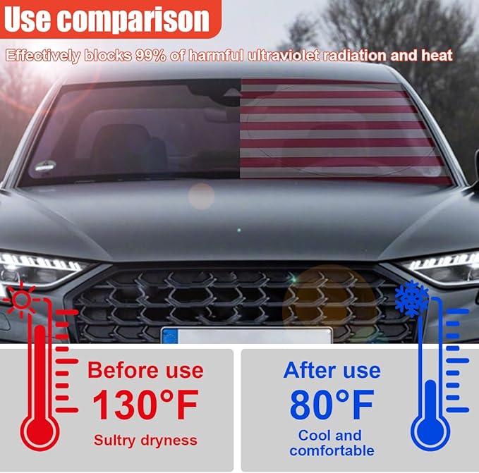 American Flag Car Windshield Sun Shade, Foldable Car Front Window Sunshade for Cars SUV Truck, Auto Interior Sun Protection Cover, Blocks UV Rays & Keeps Your Vehicle Cool (Red, XL)