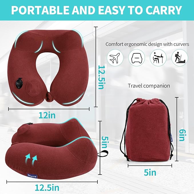 2 Pack Inflatable Travel Neck Pillows for Airplanes, Head Support Velvet Adult Neck Pillows for Long Flight, Kit with Eye Mask, Earplugs and Storage Bag, 2, Red