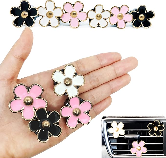 6pcs Car Air Freshener Perfume Clip, Daisy Flower Car Decoration Automotive Dashboard Outlet Air Vent Clip Decor Charm Interior Accessories for Girls Women(3 cm, 3.3 cm, Black, Pink, White)