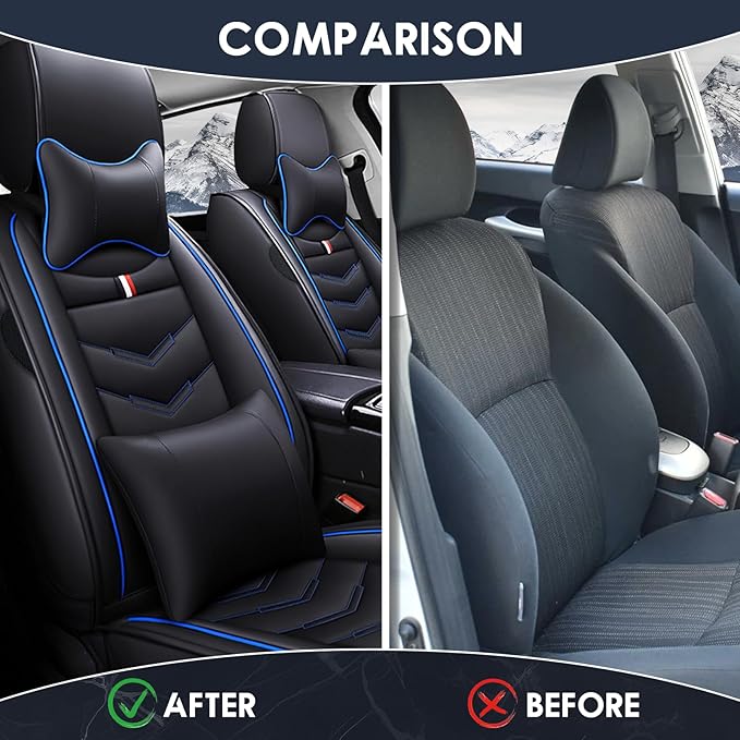Car Seat Cover 7 Seats for Toyota Highlander 2001-2025, Waterproof Durable Premium Leather Car Seat Protector, Comfortable Anti-Slip Stylish Sport Seat Cover(7 Seats Luxury,Black Blue)