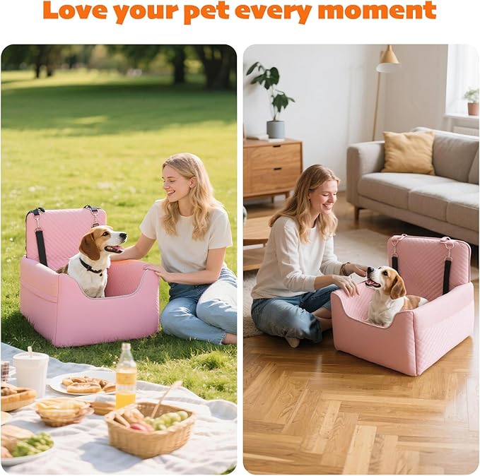 Dog Car Seat for Small/Medium Dogs Under 35lbs, Soft Booster Car Seat with Detachable Washable Cover and Cushion, Memory Foam Pet Car Seat with Safety Belt and Storage Pockets, Puppy Dog Car Bed