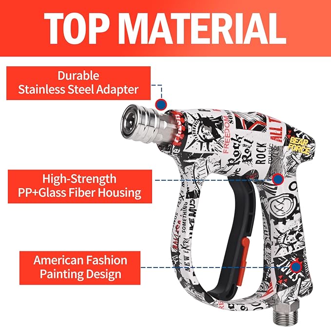 Bear Force High Pressure Washer Gun 3000 PSI Max, Color Painted Power Washer Short Gun M22-ID14mm with 1/4” Quick Connector & 5 Spray Nozzles, Car Wash, Car Cleaning, Car Care Detailing
