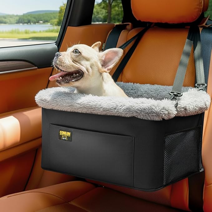 Dog Car Seat Booster for Small Pet Under 20lbs, Portable Travel Puppy Car Seat with Internal Steel Frame, Comfort Cushion & Storage Pockets, Adjustable Straps Fit Most Cars, Black