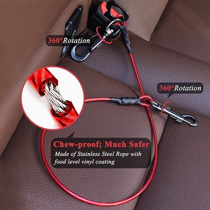 VIVAGLORY Dog Seat Belt Tuffbelt Dog Car Harness, Seatbelt with Clip & Hook for Car Travel, Chew Proof Anti Chew Unchewable Metal Safety Tether Restraint, L, Red