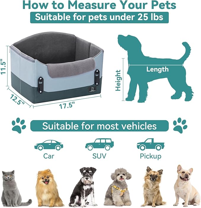 A 4 Pet Dog Car Seats for Small Dogs Under 25lbs – Safety Travel Booster Seat with Patent Buckles, Adjustable Leash – Reduces Anxiety & Road Trips – Frame Support for Cars, SUV, Pickup