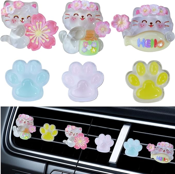 Cute Cat Air Freshener Vent Clips, 6Pcs Cat Paw Decorative Vent Clips, Car Air Conditioner Clip Automotive Interior Decoration for Cars【Fragrance-Free Aromatherapy Tablets, Add Your Own Scent】