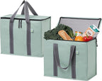 VENO 2 Pack Cooler Bag and Insulated Grocery Bags for Food Delivery, Collapsible Cooler. Reusable Shopping Bags for Groceries with Hard Bottom, Zippered, Foldable, Heavy-Duty (Light Green, 2 Pack)