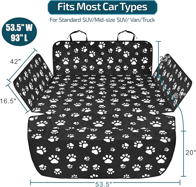 Veckle SUV Cargo Liner for Dogs with Side Flaps, Large (54" x 93") Water Resistant Trunk Cover, Non-Slip Pet Area Protector with Bumper Flap, Universal Fit for SUVs Sedans Vans, Paw Print
