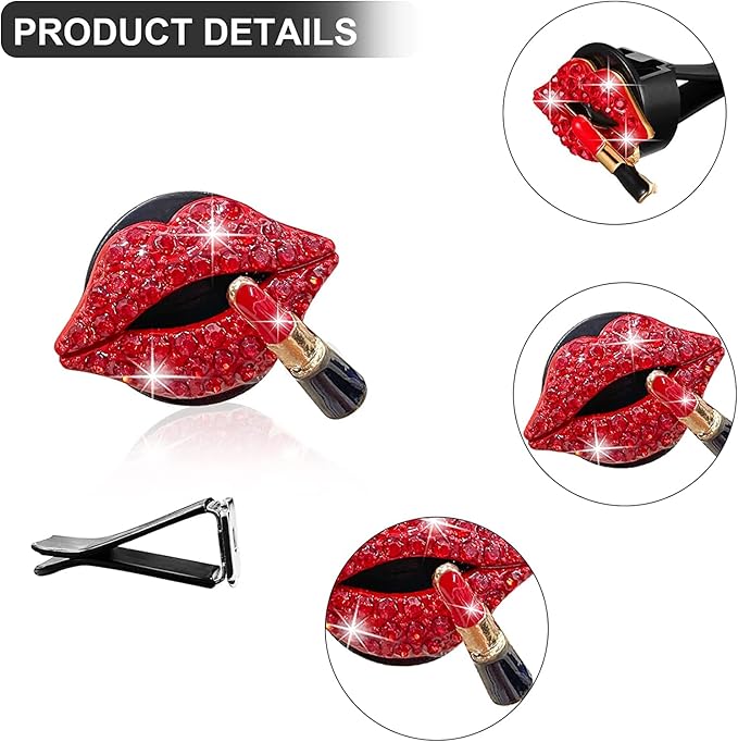 Bling Red Lips Air Vent Clips, 4 Pcs Sexy Lips Kiss Heart Shape Car Air Fresheners for Women Crystal Car Air Vent Clip Charms Rhinestone Diffuser Vent Clip Cute Car Decor Bling Car Accessories for Women