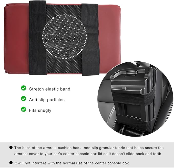 Car Center Console Armrest Pillow, 14"×8.3" Waterproof Leather Armrest Box Cover with Cup and Phone Holder, Soft Memory Foam Arm Rest Console Pad Protector for SUV Truck (Wine Red, Embroidery)