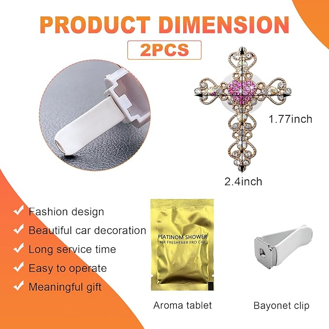 2PCS Bling Car Air Vent Clip, Crystal Cross Air Conditioner Outlet Air Fresheners Vent Clips, Sparkly Bedazzled Decor Rhinestone Cross Diffuser Clip, Interior Car Accessories (Pink)