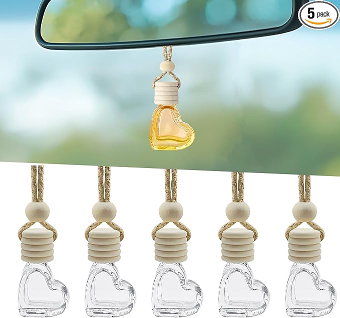 5PCS Hanging Car Air Freshener, Car Air Freshener Diffuser, 8ml Empty Glass Auto Oil Perfume Aromatherapy Diffuser Charms, Refillable Perfume Bottles for Most Vehicles (Heart, Style 1)