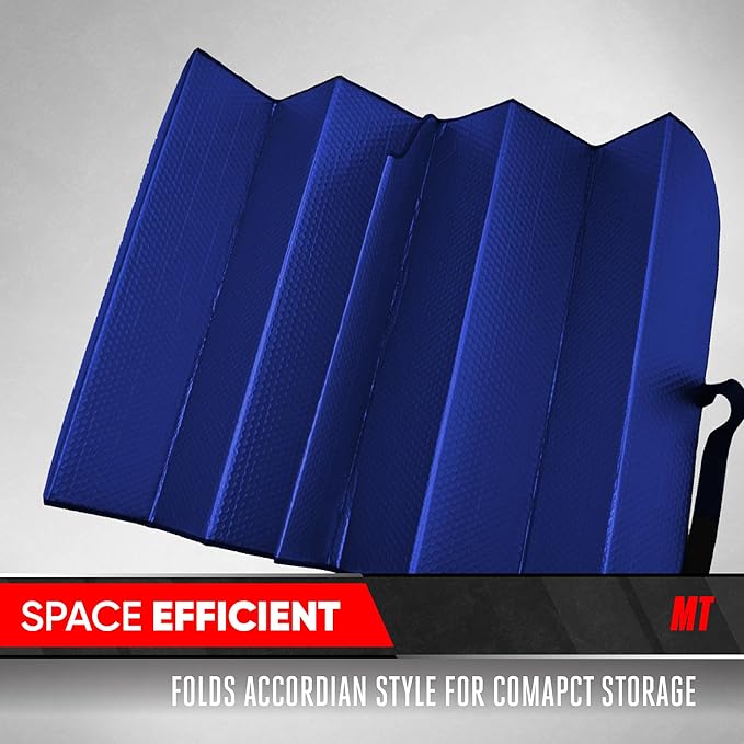 Motor Trend Blue Accordion Folding Car Windshield Sun Shade - Blackout Sun Visor for Car Windshield - Foldable Jumbo Sunshade and Front Window Truck Sun Screen for UV Sun Protection - 66 x 27