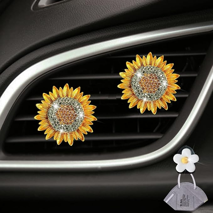 Bling Sunflower Air Vent Clips, 2 Pcs Golden Sunflower Car Air Fresheners Vent Clips Car Diffuser Diamond Decoration Interior Decor Cute Accessories for Women Girls + Mask Hook