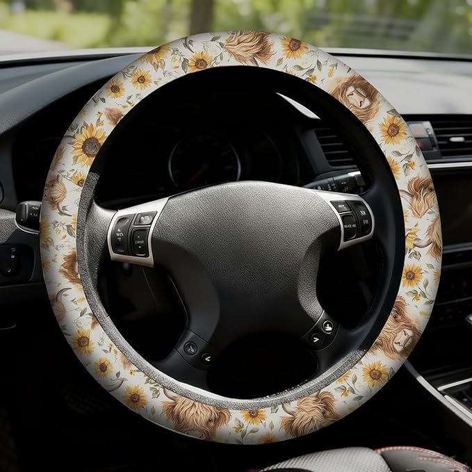 Highland Cow & Highland Cattle Steering Wheel Cover with 2 Car Air Fresheners, Quick Installation & Comfortable Grip for Cars & SUVs