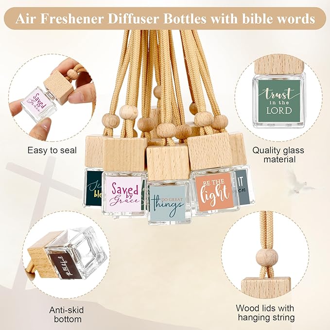 10 Pcs Christian Appreciation Gifts for Church Christian Car Hanging Ornament Empty Glass Essential Oil Diffuser Religious Inspirational Biblical Gifts for Women School Church Supplies