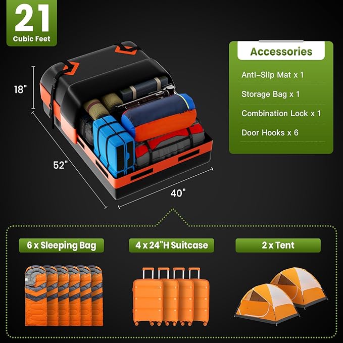 21 Cubic Feet Car Rooftop Cargo Bag Carrier, Soft Roof Top Luggage Bag for All Vechicles with/Without Racks - with Waterproof Zip, Luggage Lock, Anti-Slip Mat, Storage Bag, Door Hooks