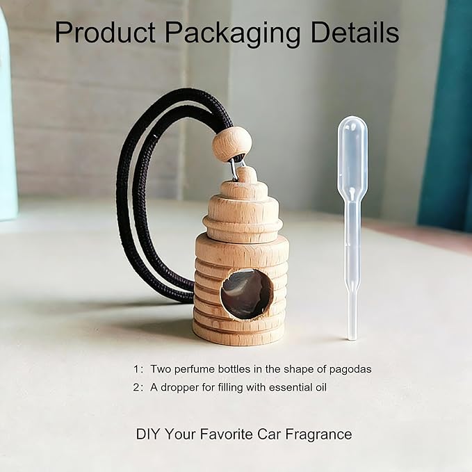 2 Pack Hanging Car Air Freshener Diffuser, Refillable Glass Bottle with Wooden Cap, Long Lasting Drift Car Air Freshener for Essential Oils - Car Fresheners, Car Accessories-A6