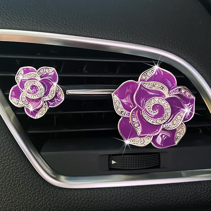 2 Pcs Camellia Air Vent Clips, Cute Flower Car Air Freshener Clip, Bling SUV Outlet Decorations, Crystal Rose Vent Diffuser, Charm Car Inter Decor Accessories for Women Girls
