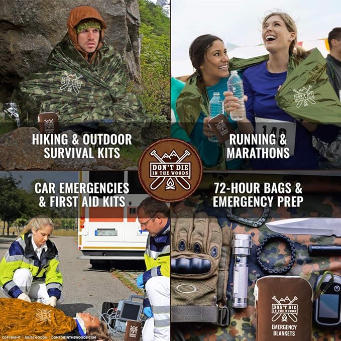 Don't Die In The Woods - Freakin’ Huge Emergency Blankets [4-Pack] Extra Large Thermal Mylar Space Blanket - One of The Ten Essentials Outdoor Survival Gear for Hiking Camping First Aid Kit (Camo)