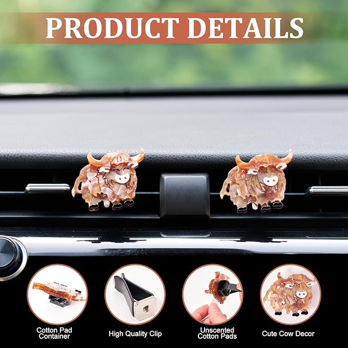 Cute Highland Cow Air Freshener Vent Clip, 2PCS Car Vent Clips Decor, Air Diffuser Clips, Highland Cow Car Interior Decor Accessories