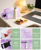 Small Insulated Snack Bag Lunch Bag for Kids Lunch Box for Women/Men, Collapsible [3L/5-Can] Reusable Lunch Bag Cooler Bag for Bottle with Handle Buckle for Work/School/Travel,Pink Starry Sky