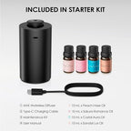 Airversa Waterless Essential Oil Diffuser Starter Kit with 4 x 10mL Fragrance Scent Oil, Battery Operated Mini Scent Air Machine Portable Diffuser for Home Car Office, ANX Black Kit-A