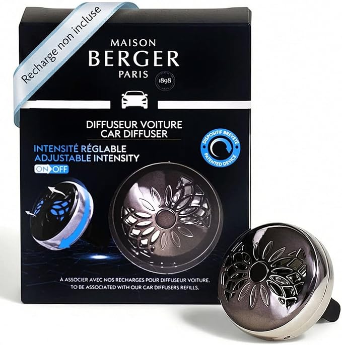 MAISON BERGER - Adjustable Refillable Car Air Freshener Vent Clip Diffuser Set - 1.75" Diameter x 1.25" Depth - Made in France (On/Off Flower - Gun Metal)