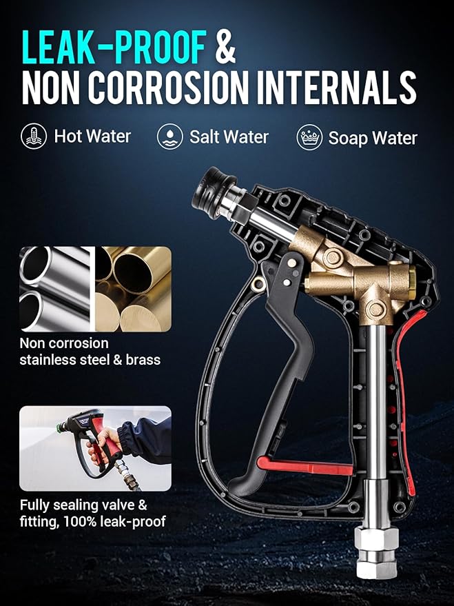 MEKOH Short Pressure Washer Gun with Swivel, 5000 PSI High Power Washer Spray Gun, 10 GPM Foam Gun with 3/8" Quick Connect, M22-14mm for Extension Wand, Hose, Pressure Washer Handle with 5 Nozzle Tips