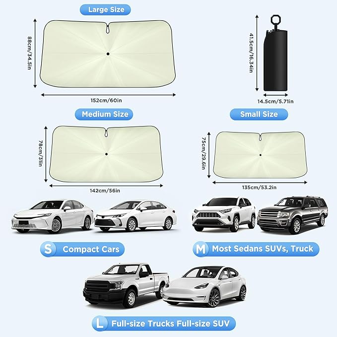 2026 for Tesla Model Y Model 3 Windshield Sun Shade Umbrella [7-Layer Vinyl Coating Heat Shield] Foldable Front Window Sunshade Umbrella Protect Interior from UV Keep Car Cooler(56" x 35")