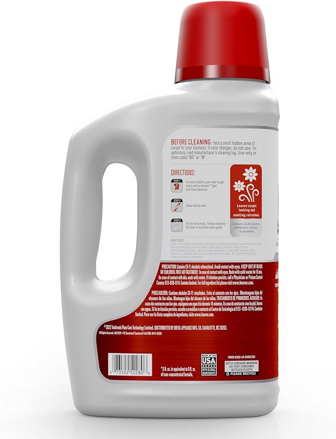 Hoover Renewal Carpet Cleaner Solution, 64 oz., Fresh Meadows Scent, Everyday Carpet Shampoo Solution, Removes Dirt and Grime from Carpet and Upholstery, Pair with Hoover Carpet Cleaner Machine