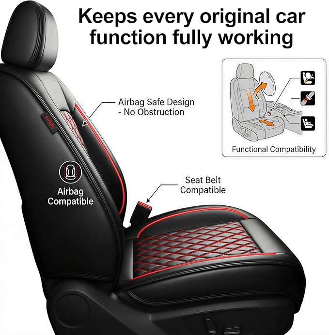Santa Fe Seat Covers Custom Fit for Hyundai Santa Fe 2010-2026 (Only 5-Seat Version) - Full Set Premium Leather, Waterproof, All-Weather, Airbag Compatible, Only 2 Front seat Covers (Redline)