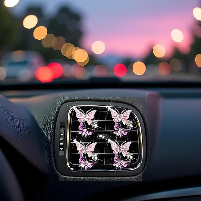 Maitech Car Air Fresheners Vent Clips for Women,4 Pcs Cute Dual Butterfly Diamond Rhinestone Air Freshener Vent Clip Sparkly Bling Car Accessories for Women (Pink)