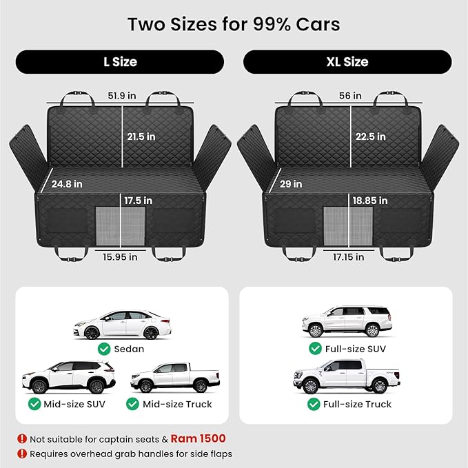 REEVAA Dog Truck Seat Cover for Back Seat, Hard Bottom Dog Hammock for Car, Pet Bed Extender for 2-4 Large Dogs, Waterproof Seat Protector, Universal XL Size Fits for Crew Cab Truck/SUV, Black
