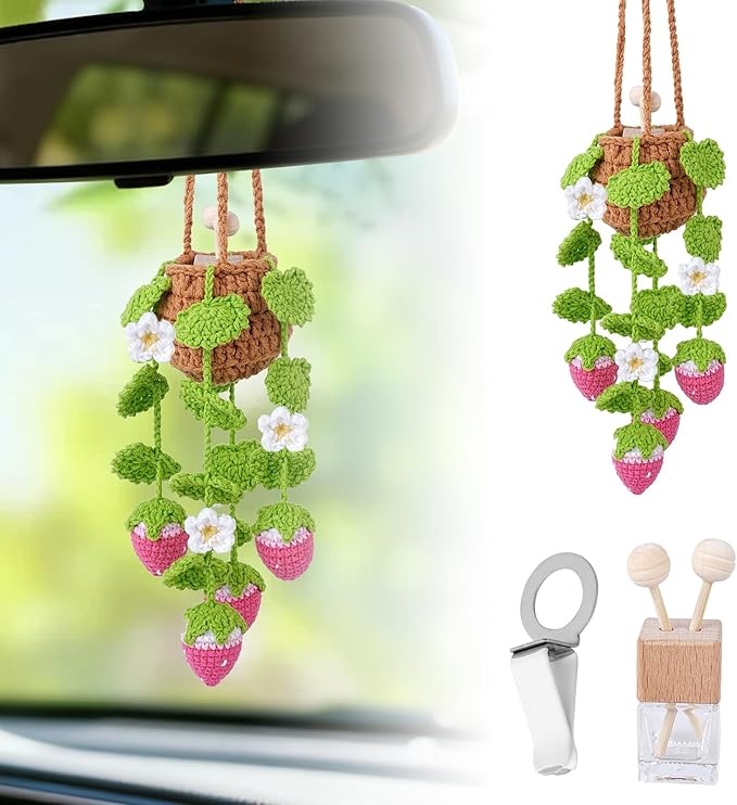 Crochet Car Air Freshener, 8ml Empty Refillable Oil Diffuser Bottle with Hanging Crochet Pink Strawberry Plant & Hanging Tools, Car Rearview Mirror Diffuser for Wall Art & Home & Office Decoration