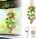 Crochet Car Air Freshener, 8ml Empty Refillable Oil Diffuser Bottle with Hanging Crochet Pink Strawberry Plant & Hanging Tools, Car Rearview Mirror Diffuser for Wall Art & Home & Office Decoration