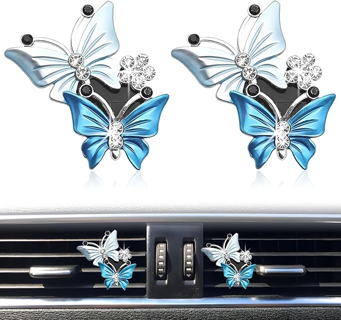 Car Shiny Dual Butterfly Air Outlet Clips, Crystal Air Fresheners Vent Clips, Car Diffuser Vent Clip Rhinestone Diamond Interior Decor, Car Decoration, Bling Car Accessories (2 Pcs Blue)