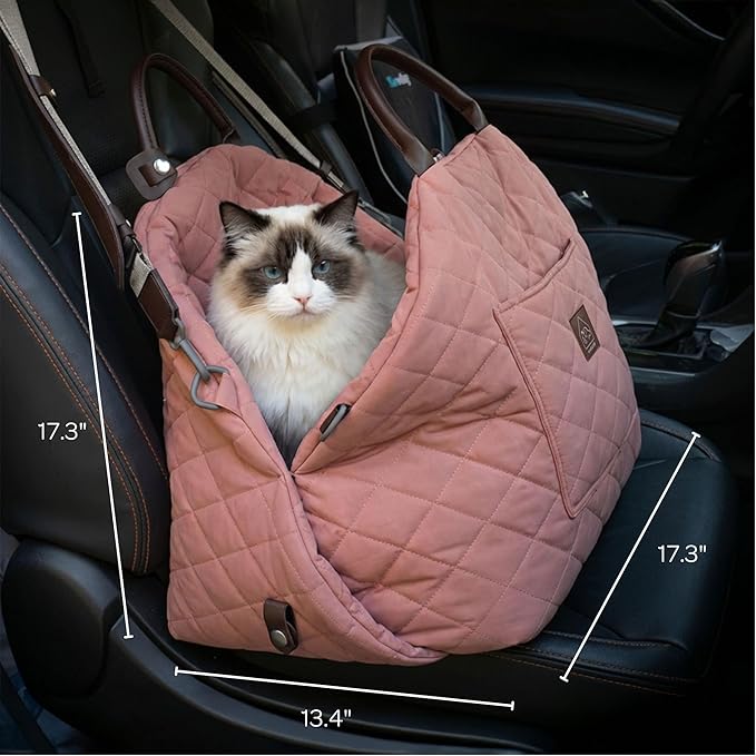 4 Cats & Dogs Mew Mew Travel Pet Bed – Soft Carrier for Small Dogs & Cats, Water-Resistant Quilted Shell, Adjustable Belts, Anti-Slip Bottom, Portable Pet Bed & Travel Bag - Rose